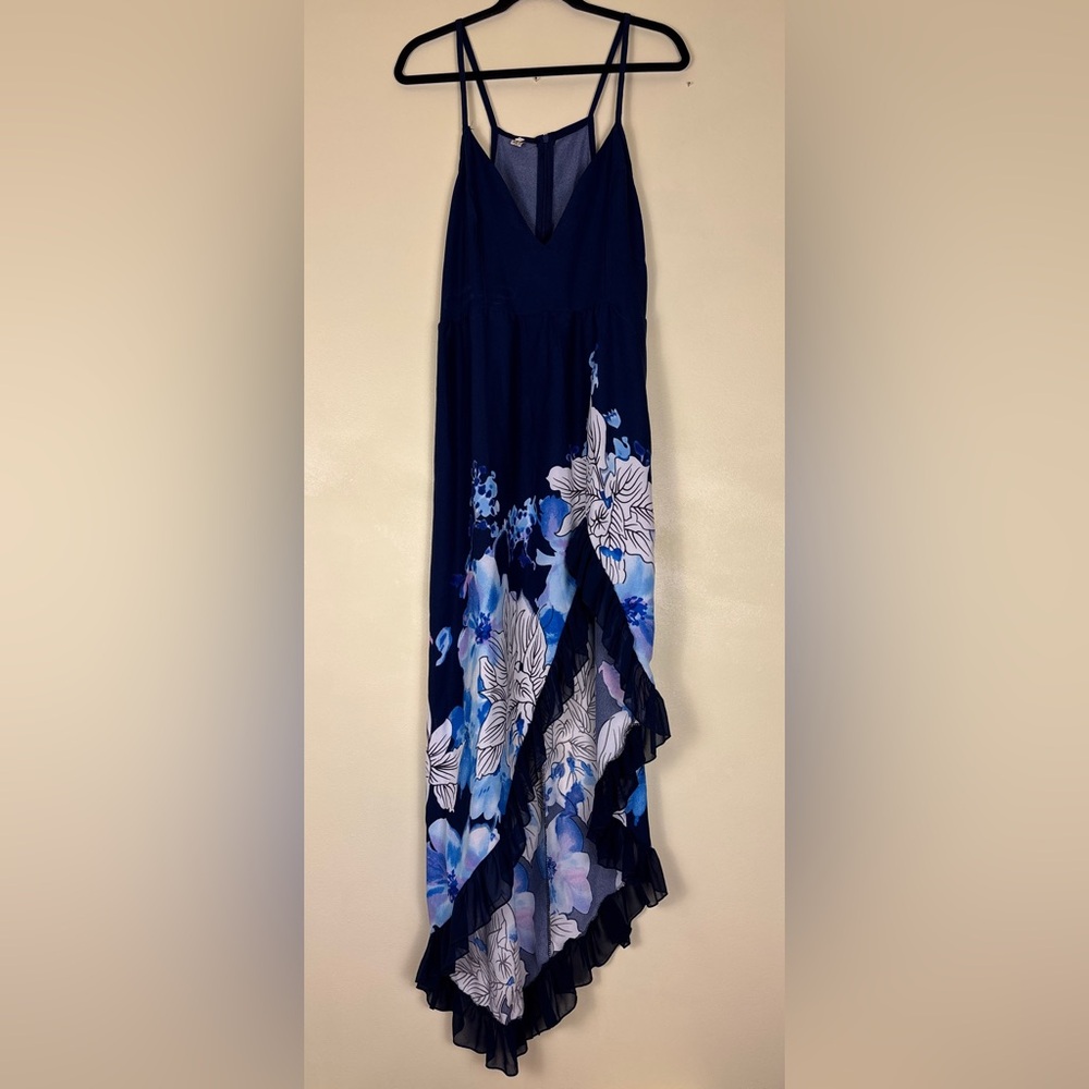 Navy Floral Maxi Skirt with Asymmetrical‎ Hem
